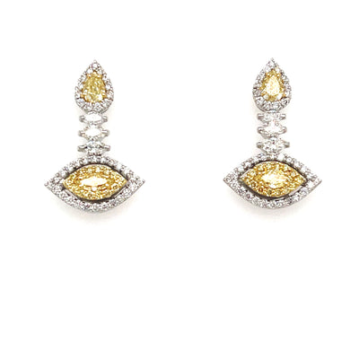 Yellow Diamond Pear &  Marquise Drop Earrings in 18K White Gold (1.78 CTW)