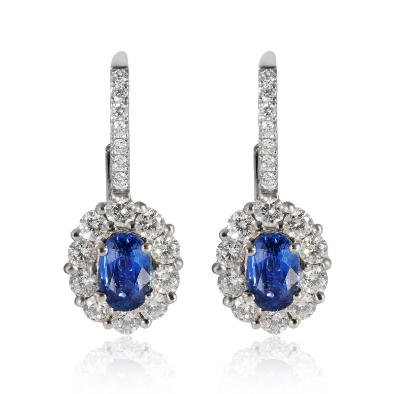 Diamond & Sapphires Halo Lever Back Drop Earrings in 18K White Gold 1.80 CTW