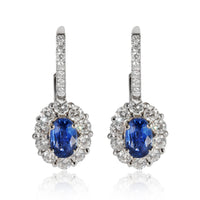 Diamond & Sapphires Halo Lever Back Drop Earrings in 18K White Gold 1.80 CTW