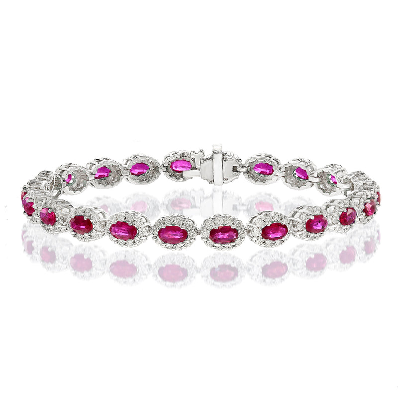 Diamond & Ruby Oval Linked Bracelet in 14K White Gold (6.10 CTW Rubies)