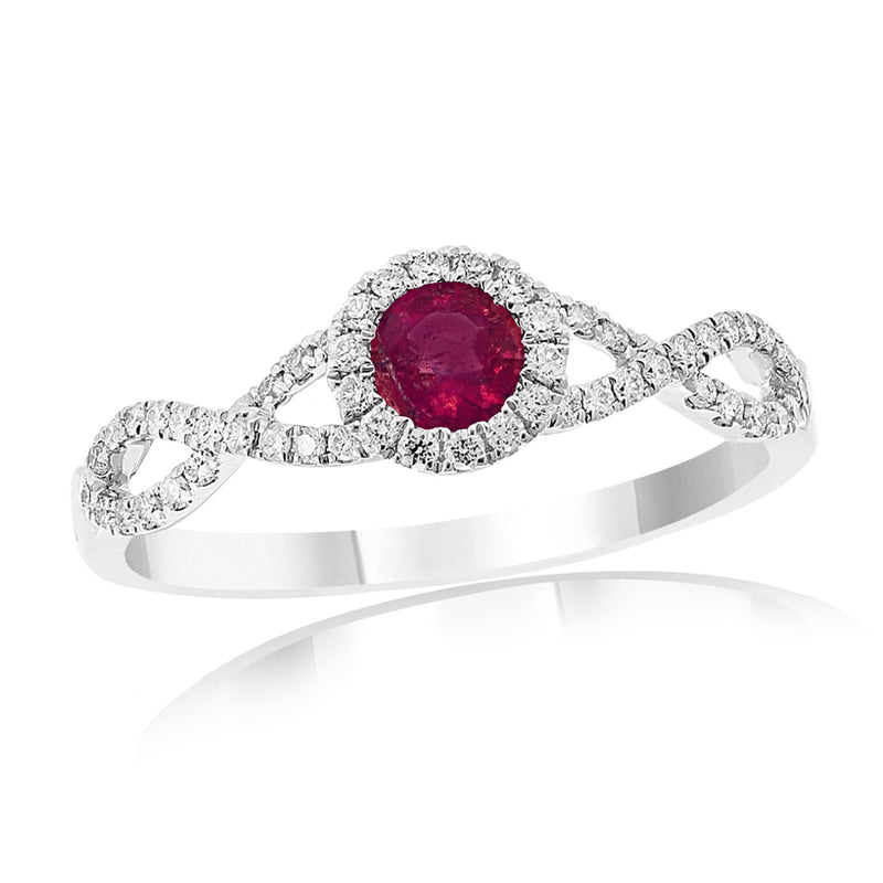 Ruby & Diamond Halo & Infinity Shank Ring in 14K White Gold (0.30 ct Ruby)