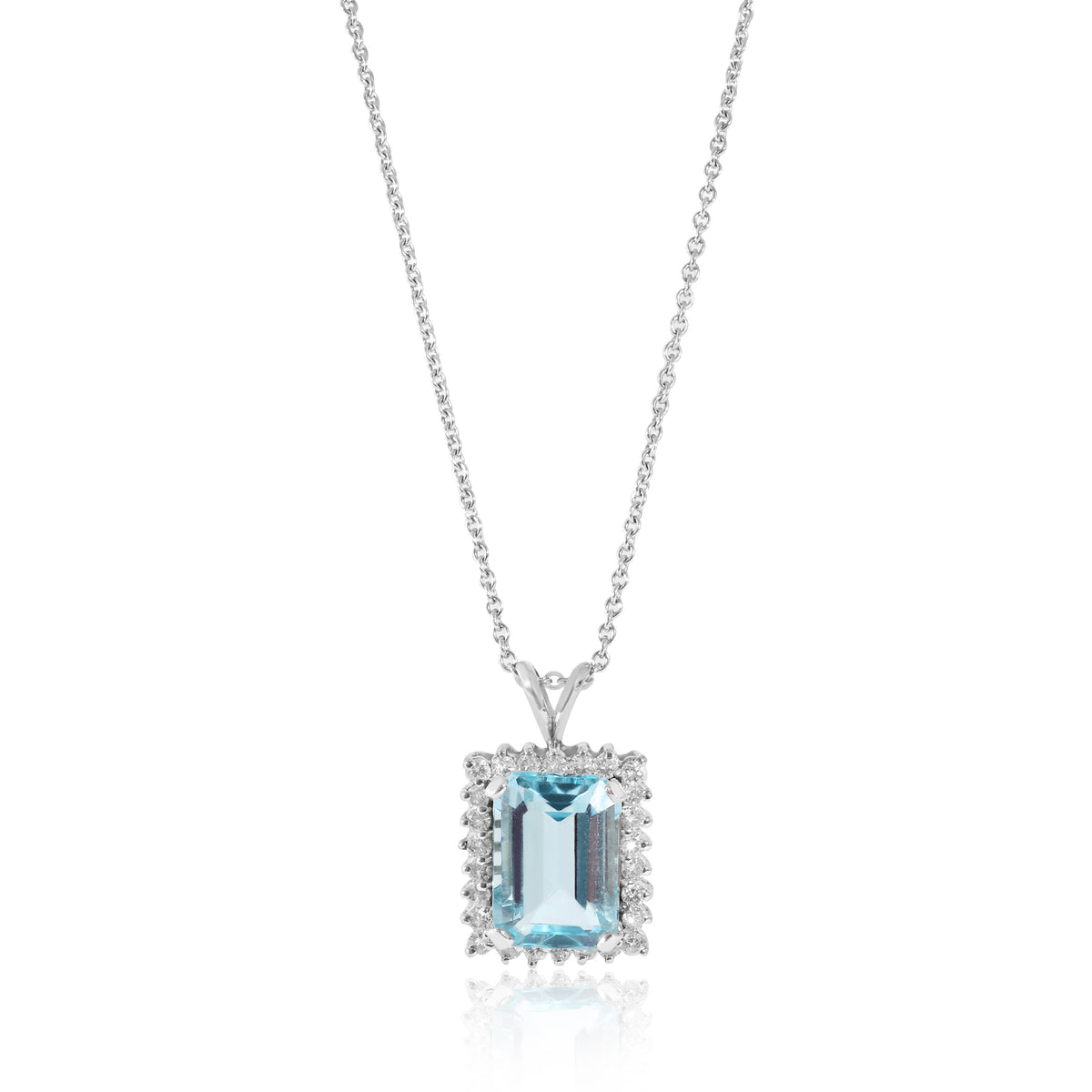 Diamond and Aquamarine Pendant Necklace in 14K White Gold