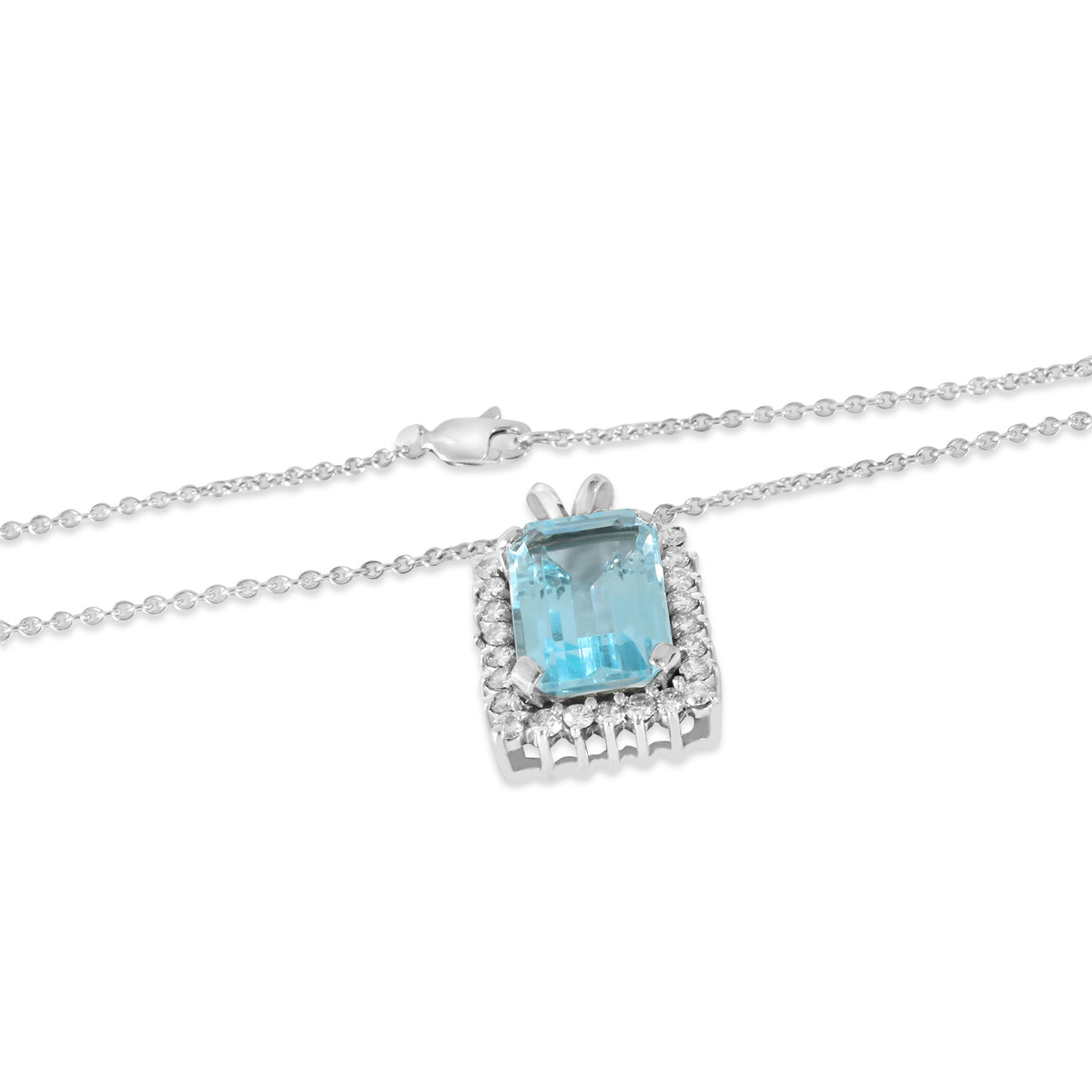 Diamond and Aquamarine Pendant Necklace in 14K White Gold