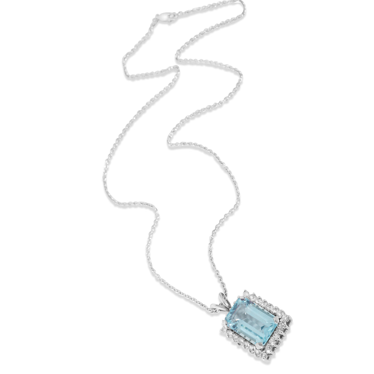 Diamond and Aquamarine Pendant Necklace in 14K White Gold