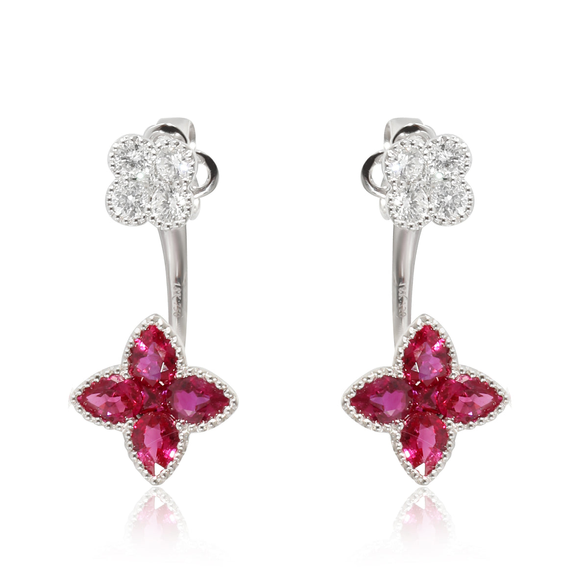 18K White Gold Diamond & Ruby Flower Drop Earrings, .43 Ctw.