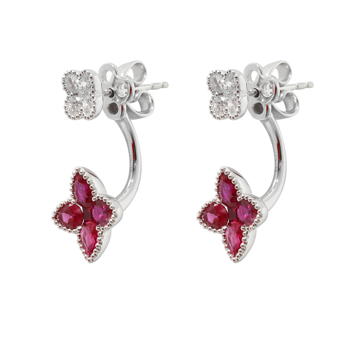 18K White Gold Diamond & Ruby Flower Drop Earrings, .43 Ctw.