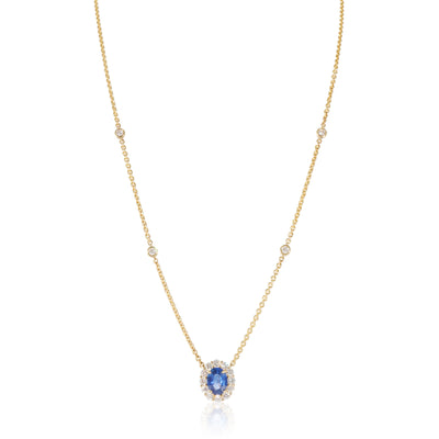 18K Yellow Gold Sapphire and Diamond Halo Pendant on Diamond Station Chain