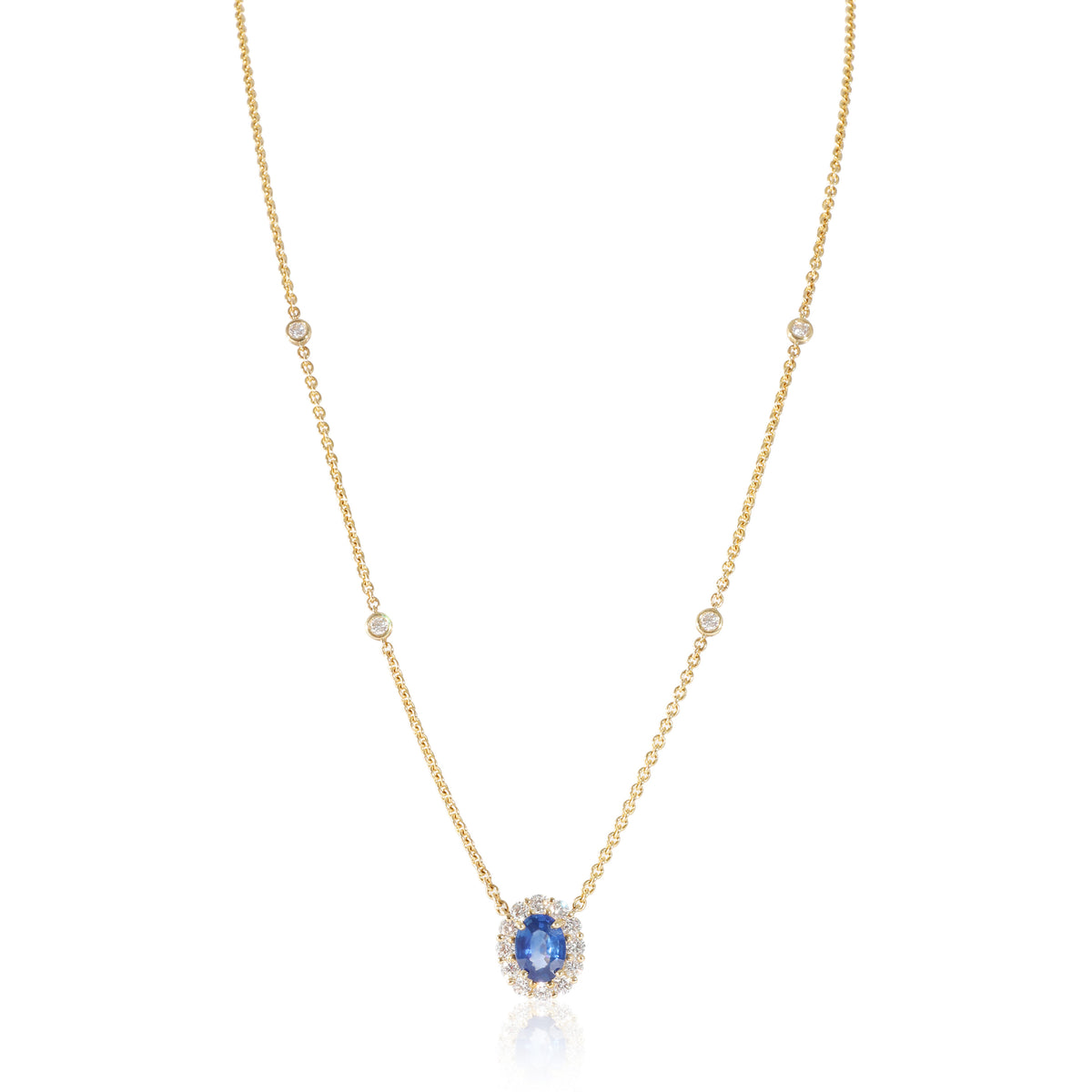 18K Yellow Gold Sapphire and Diamond Halo Pendant on Diamond Station Chain