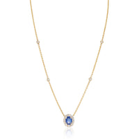 18K Yellow Gold Sapphire and Diamond Halo Pendant on Diamond Station Chain