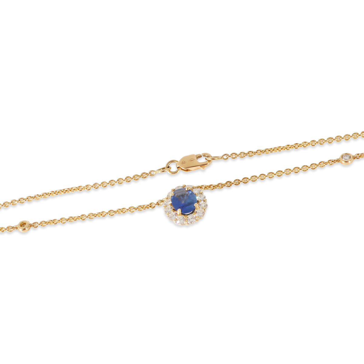 18K Yellow Gold Sapphire and Diamond Halo Pendant on Diamond Station Chain