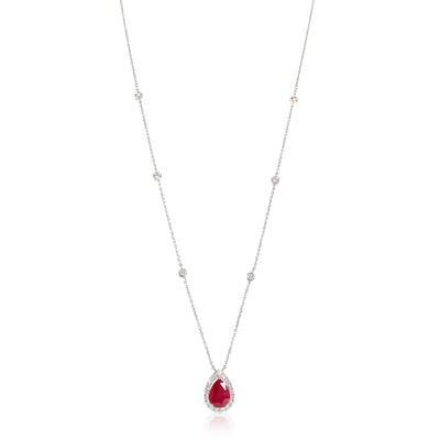 18K White Gold Ruby Halo Pendant With Diamond Chain, .30 Ctw.