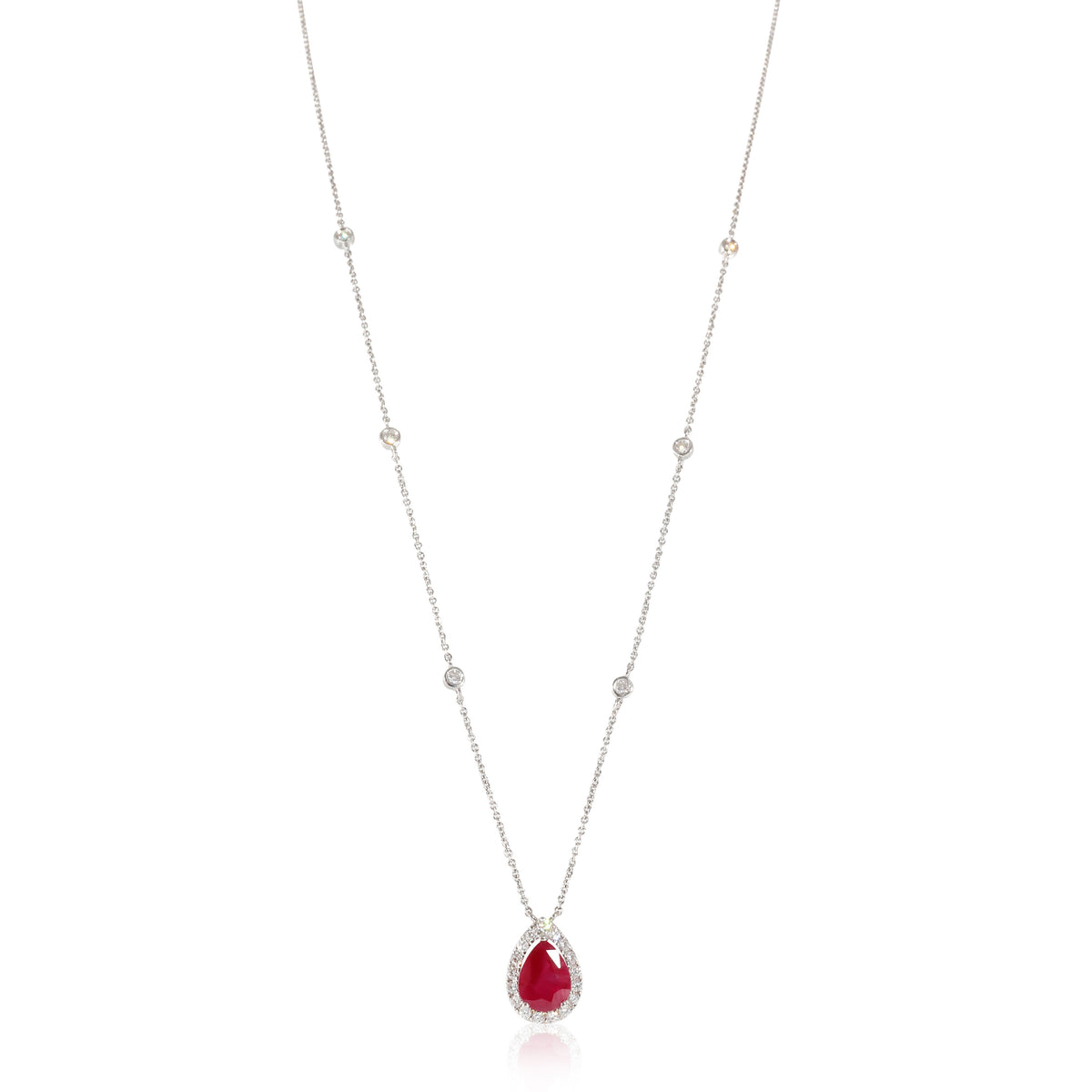 18K White Gold Ruby Halo Pendant With Diamond Chain, .30 Ctw.