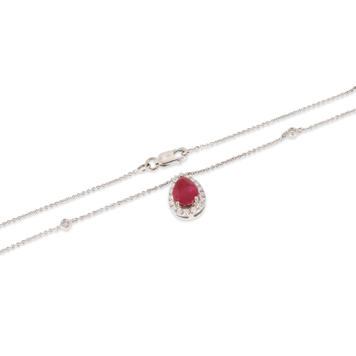 18K White Gold Ruby Halo Pendant With Diamond Chain, .30 Ctw.