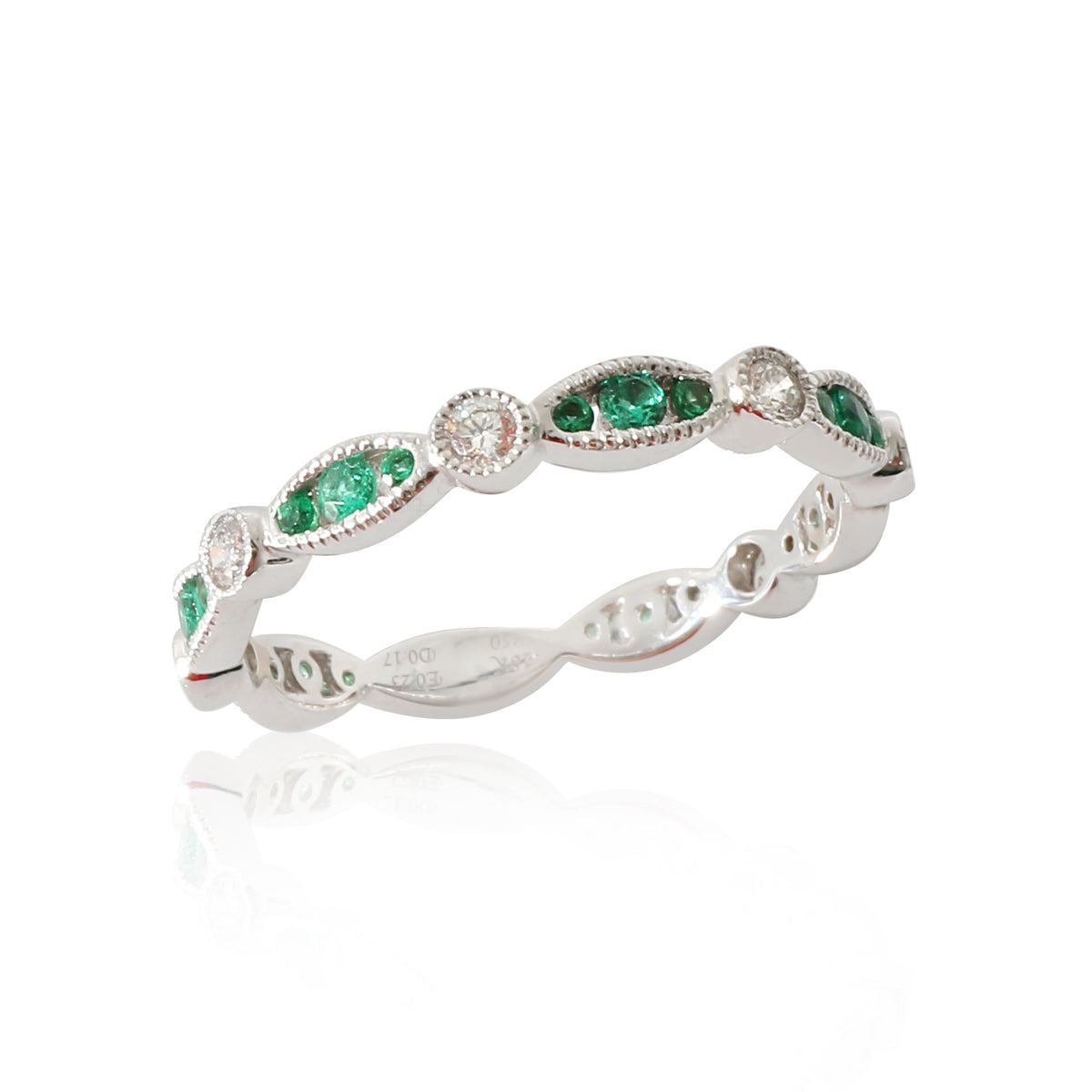 18K White Gold Diamond & Emerald Band, .19 Ctw.