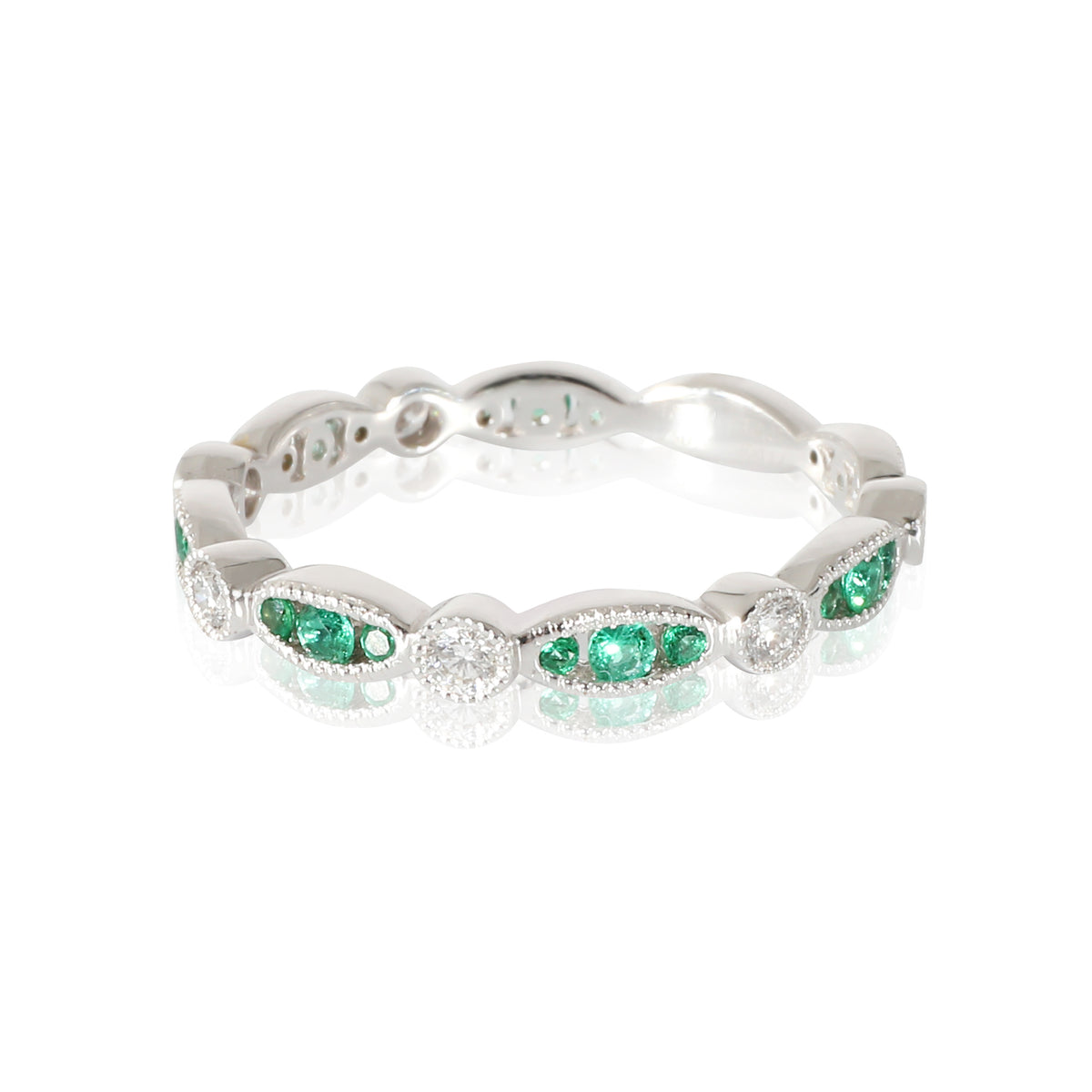 18K White Gold Diamond & Emerald Band, .19 Ctw.