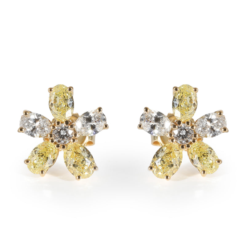 White & Fancy Yellow Diamond Flower Earrings in 18K Yellow Gold 2.14 ctw