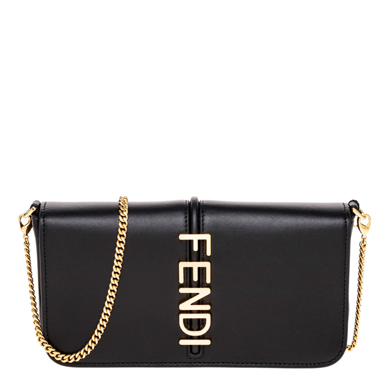 Black Leather Fendigraphy Wallet On Chain