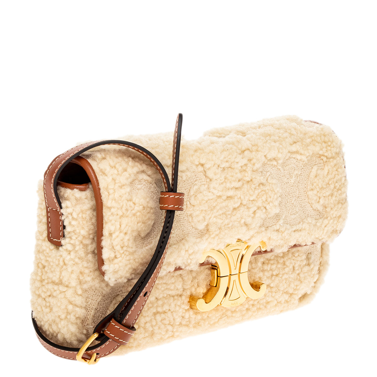 Tan Calfskin Cream Shearling Claude Shoulder Bag