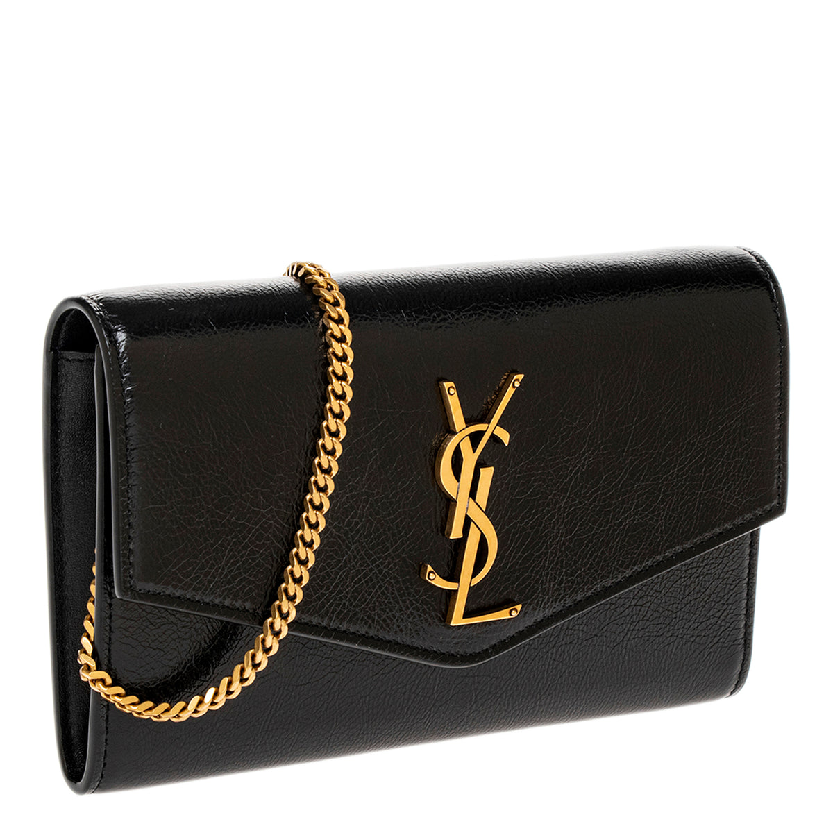 Black Shiny Grained Leather Uptown Chain Wallet