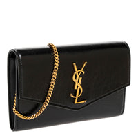 Black Shiny Grained Leather Uptown Chain Wallet