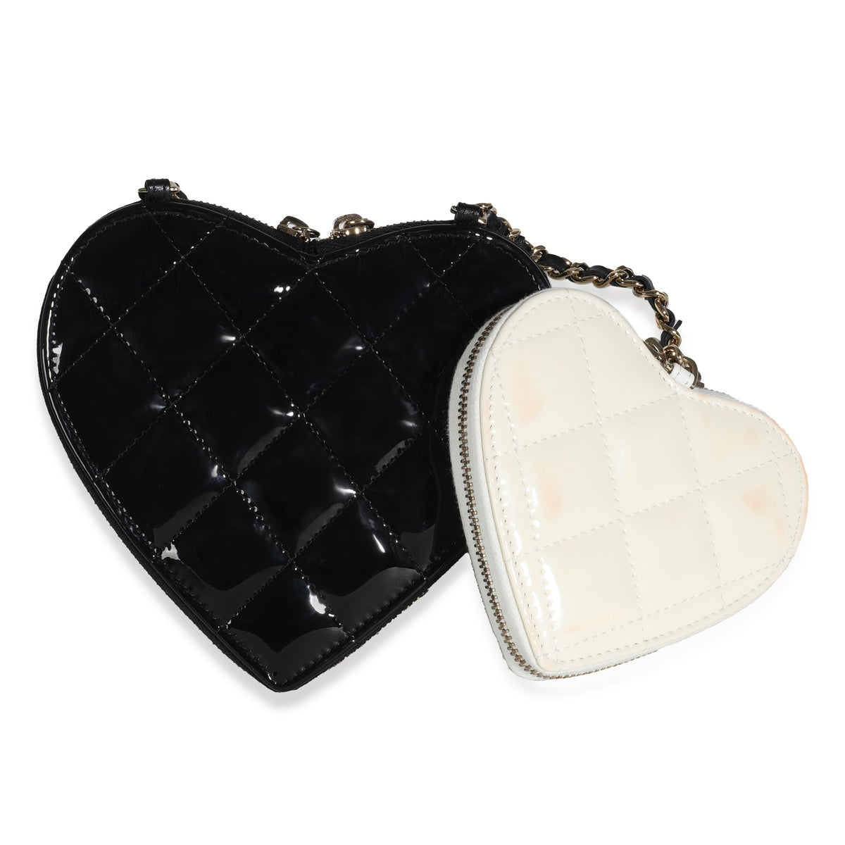 Black White Quilted Patent Heart Clutch With Chain