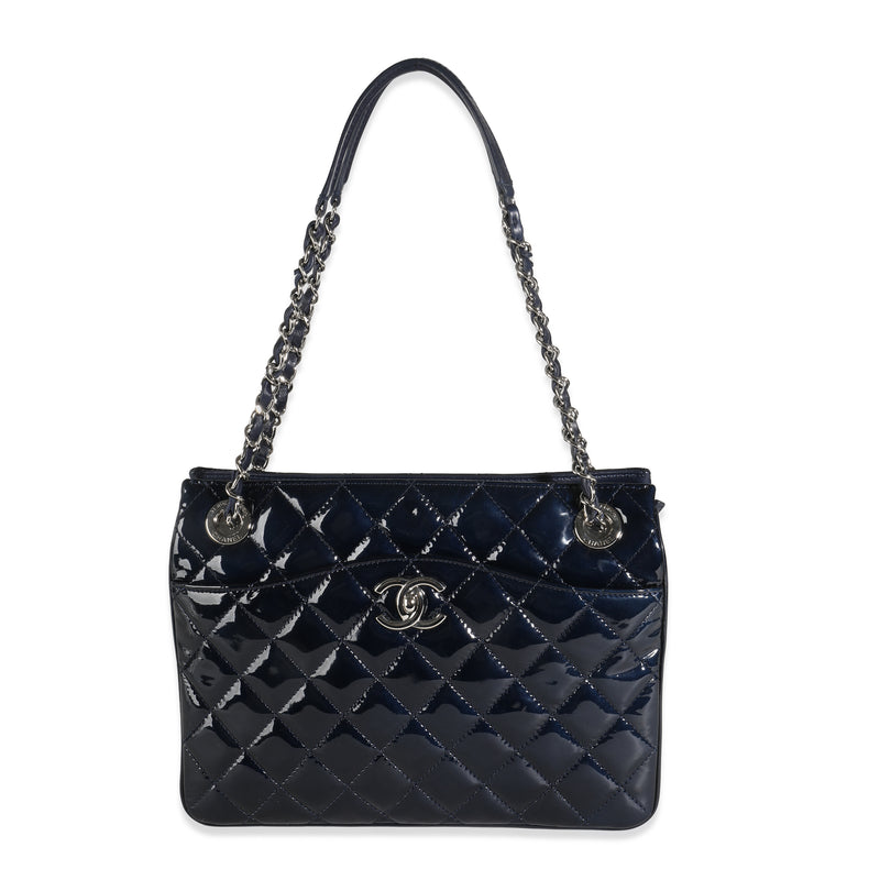 Navy Quilted Patent Small Chanel 3 Shopping Tote