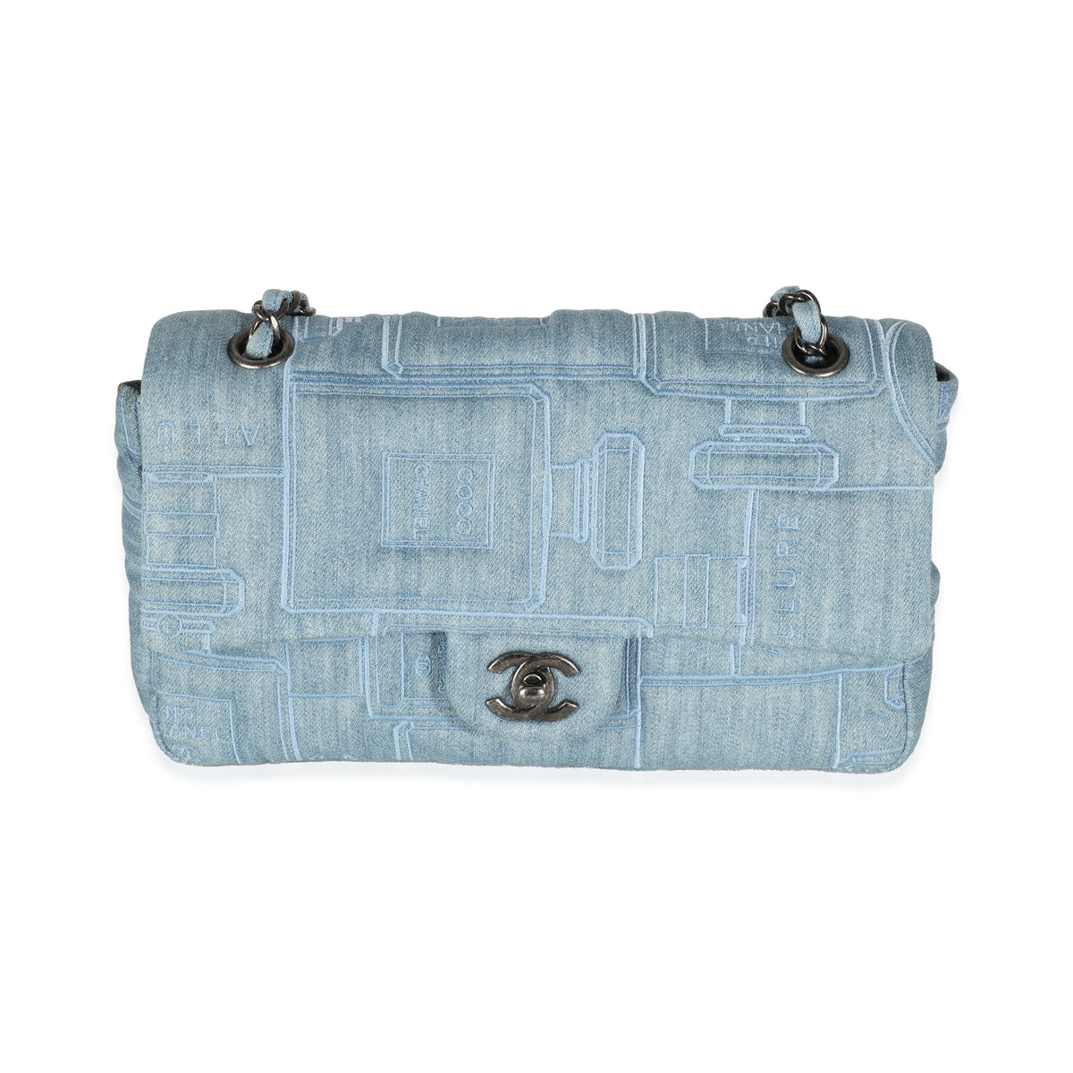 Blue Denim Embroidered Perfume Bottle Medium Single Flap Bag