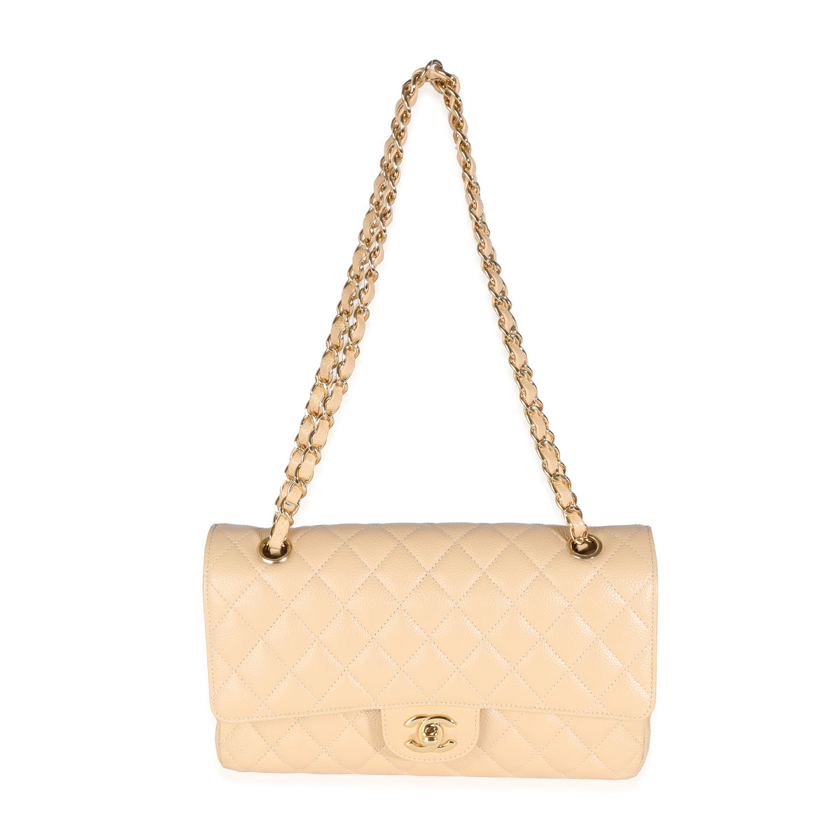 Beige Quilted Caviar Medium Classic Double Flap Bag