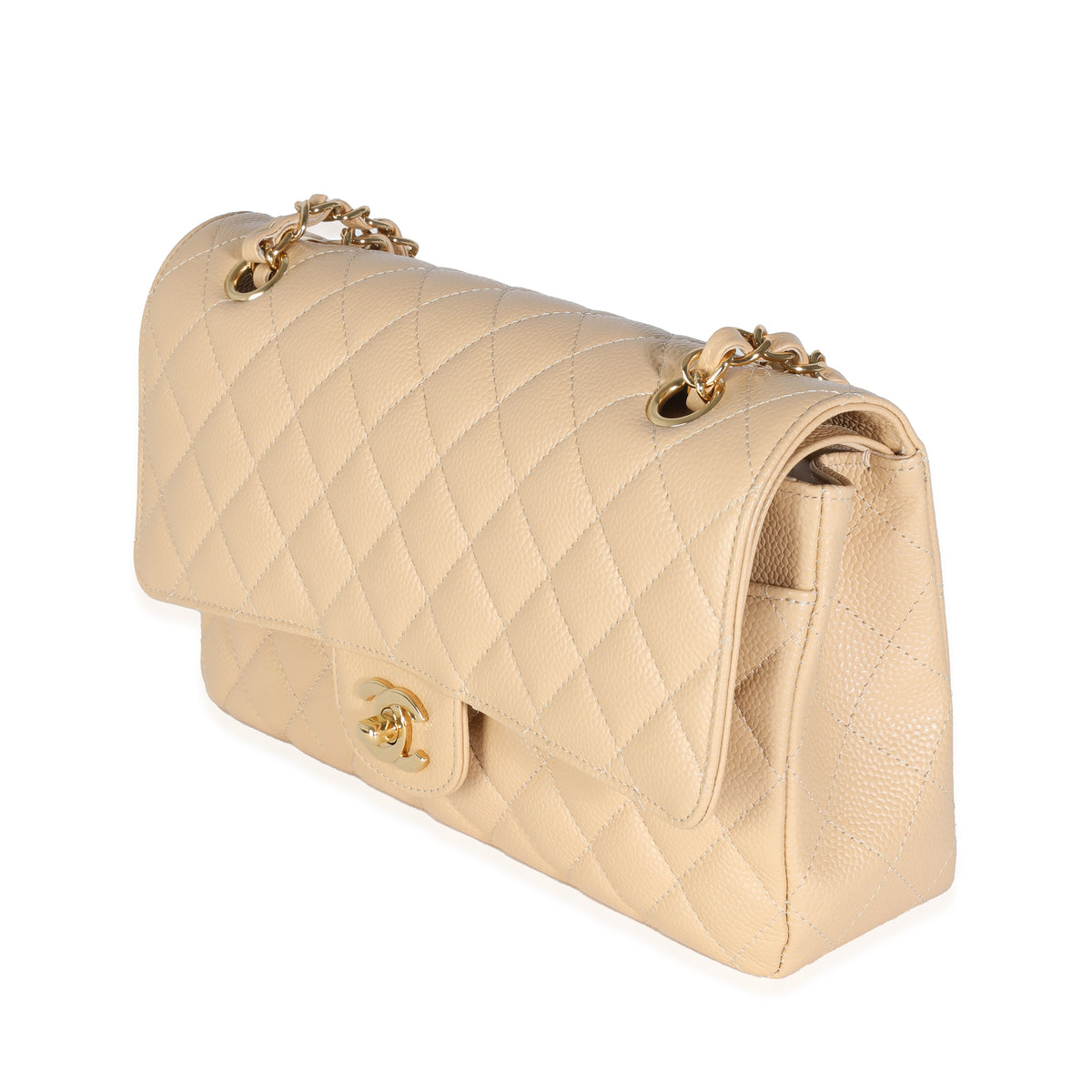 Beige Quilted Caviar Medium Classic Double Flap Handbag