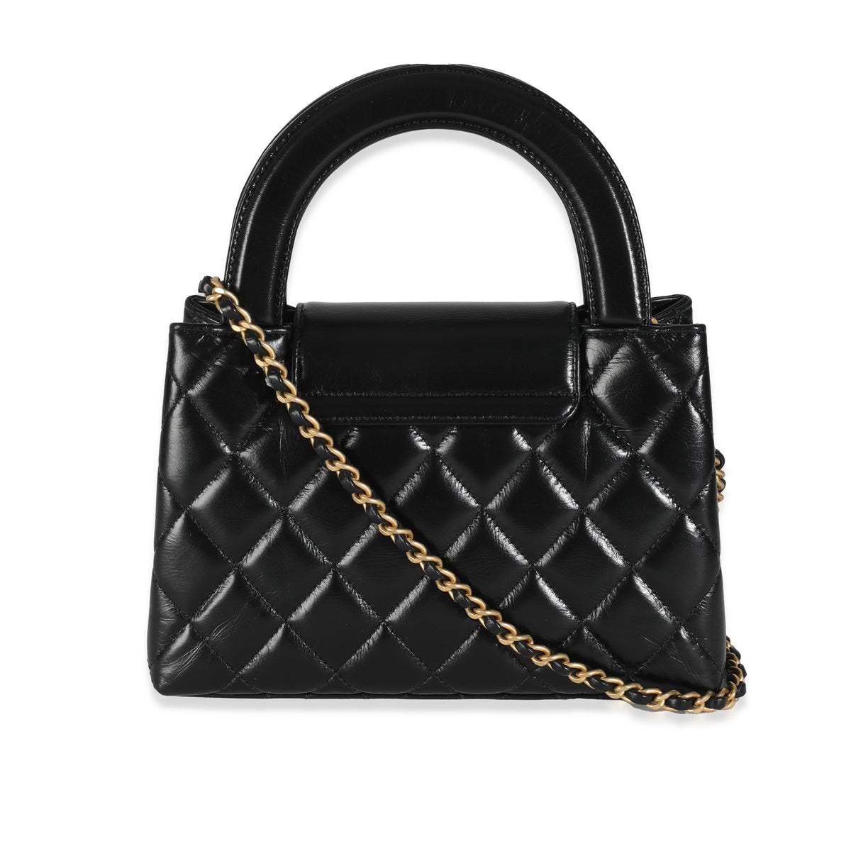 Black Shiny Aged Calfskin Quilted Nano Kelly Shopper
