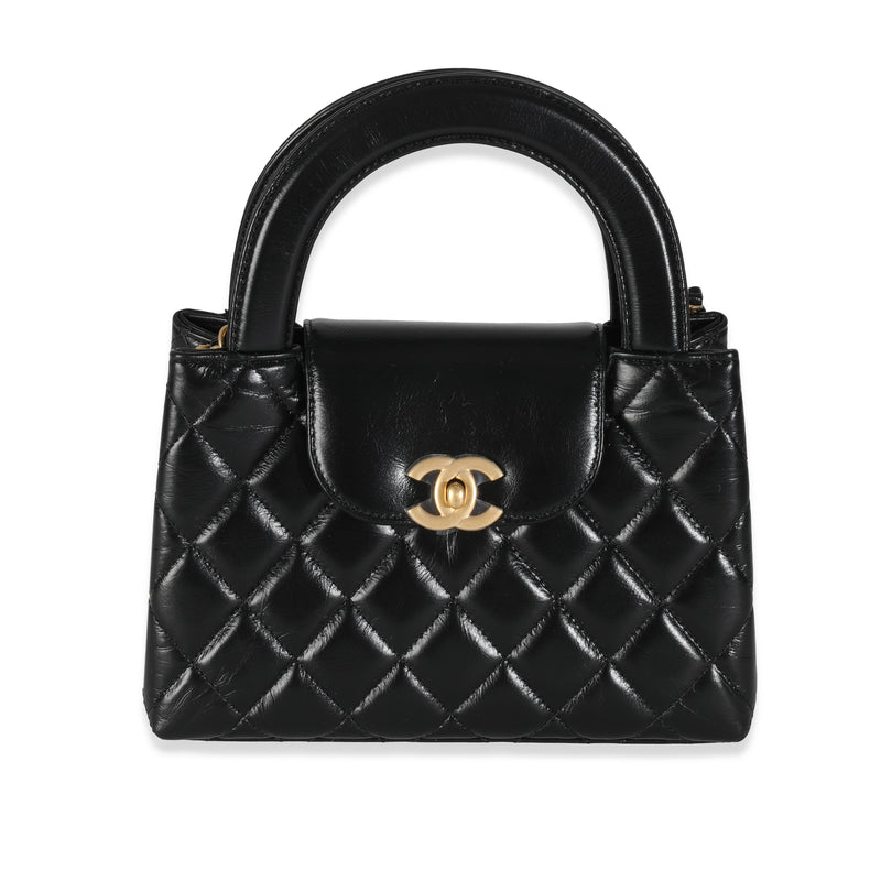 Black Shiny Aged Calfskin Quilted Nano Kelly Shopper