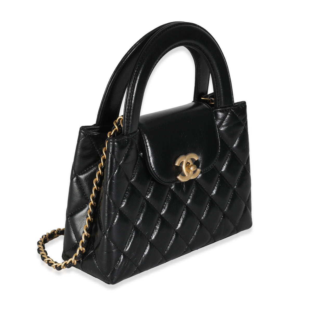 Black Shiny Aged Calfskin Quilted Nano Kelly Shopper