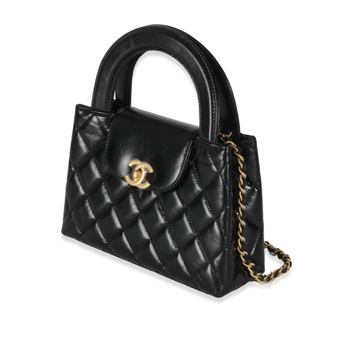 Black Shiny Aged Calfskin Quilted Nano Kelly Shopper