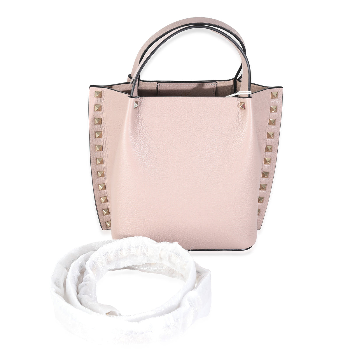 Beige Leather Small Rockstud Top Handle Tote