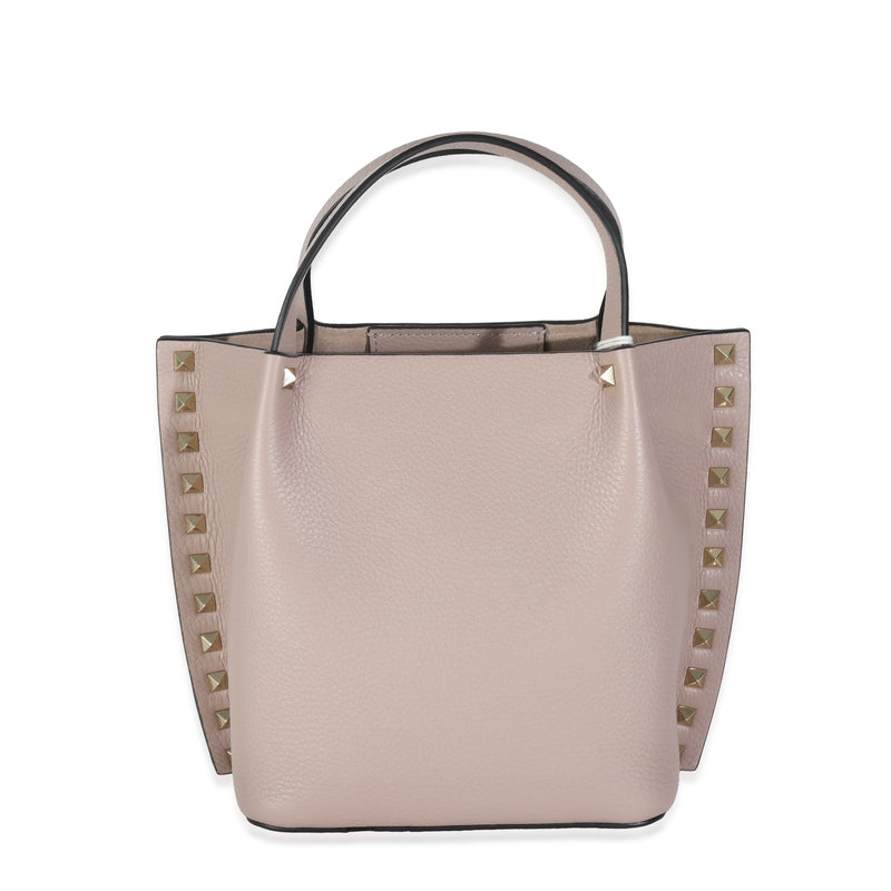 Beige Leather Small Rockstud Top Handle Tote