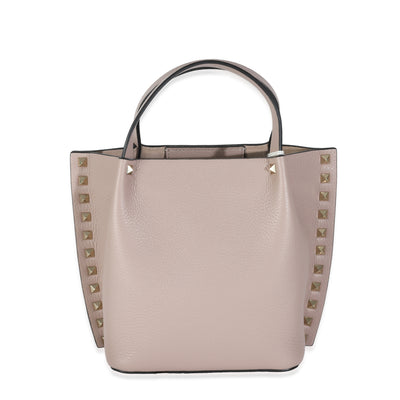 Beige Leather Small Rockstud Top Handle Tote