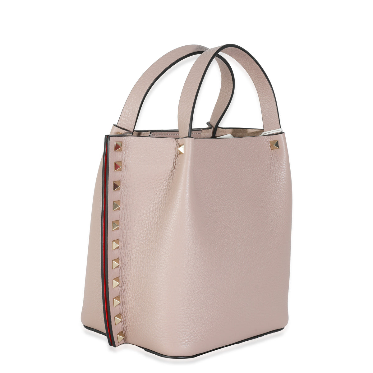 Beige Leather Small Rockstud Top Handle Tote