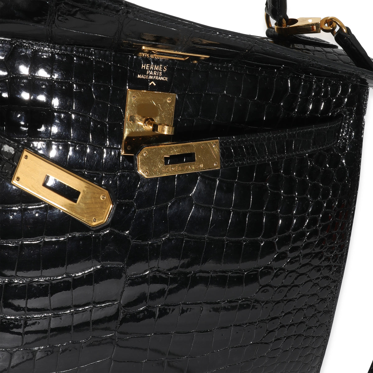 Vintage Black Porosus Crocodile Sellier Kelly 32 GHW