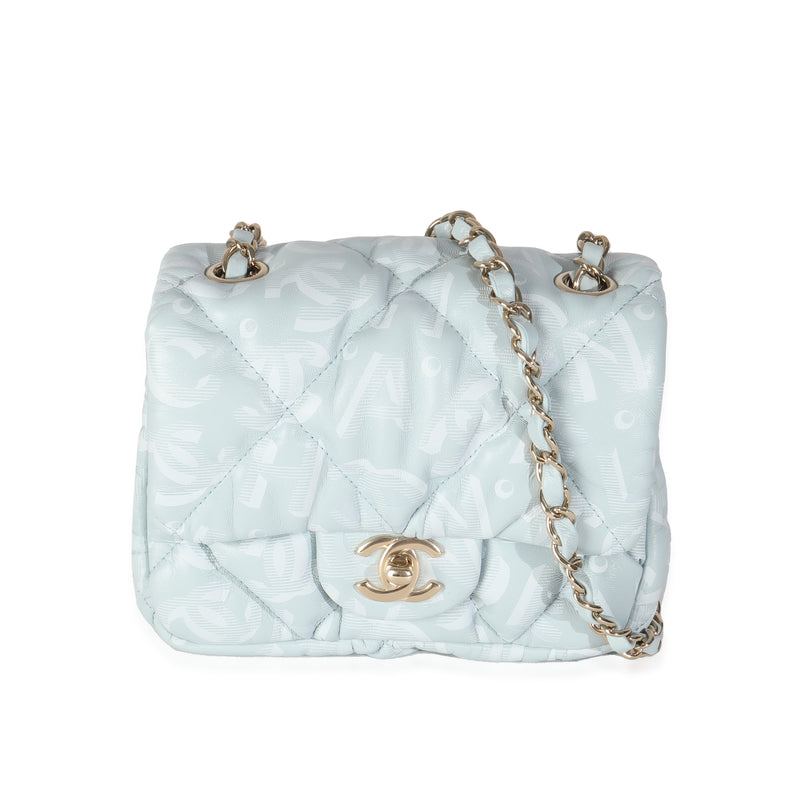 Light Blue Puffy Lambskin Logo Mini Flap Bag