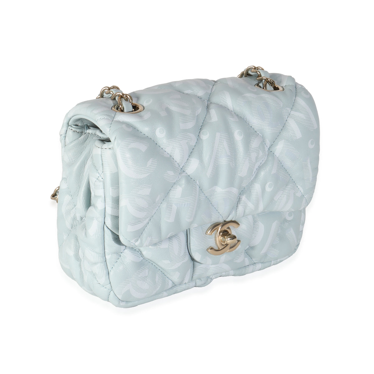 Light Blue Puffy Lambskin Logo Mini Flap Bag