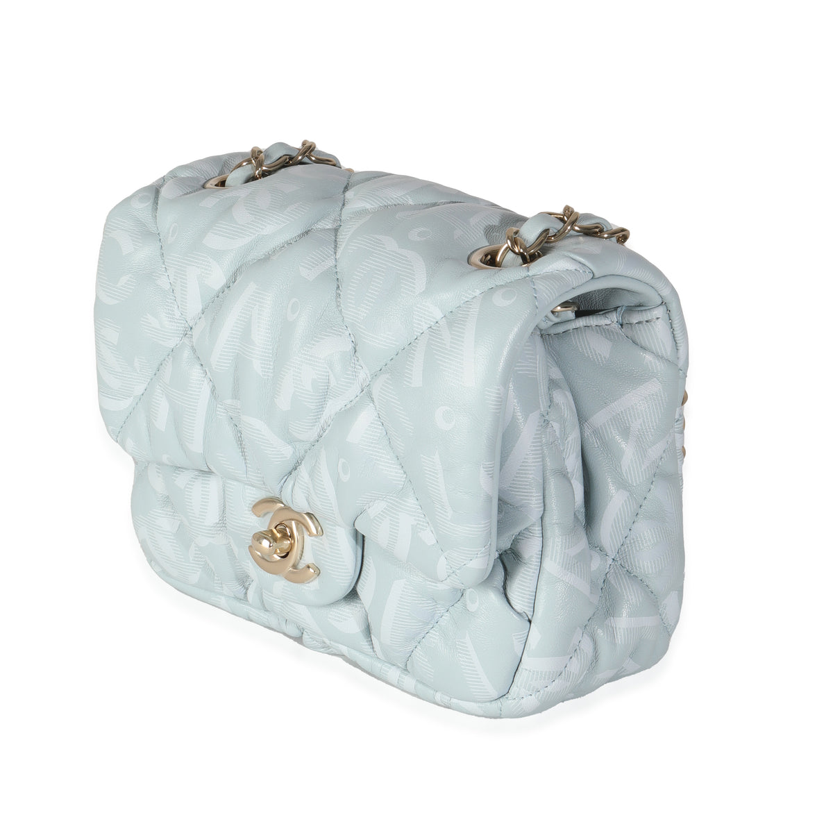 Light Blue Puffy Lambskin Logo Mini Flap Bag