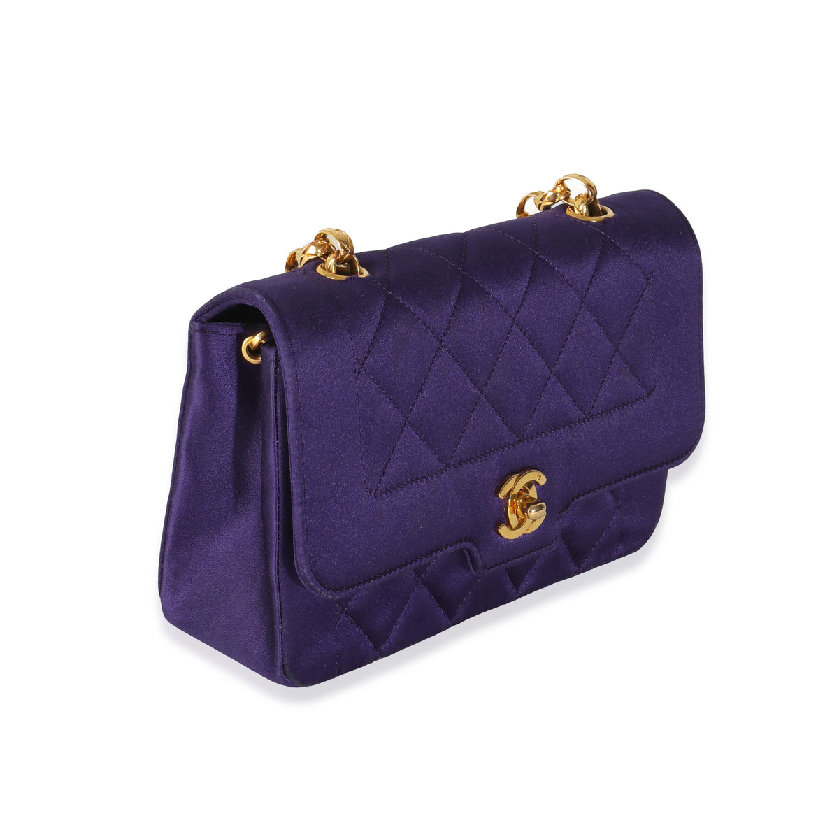 Vintage Purple Quilted Satin Mini Diana Bijoux Chain Flap Bag