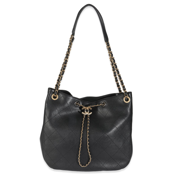 19B Black Quilted Lambskin CC Drawstring Hobo