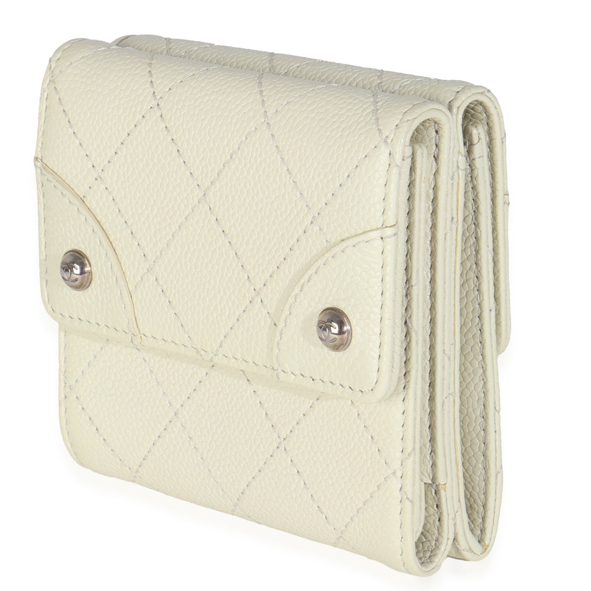 Ivory Quilted Caviar Multifold Wallet Handbag