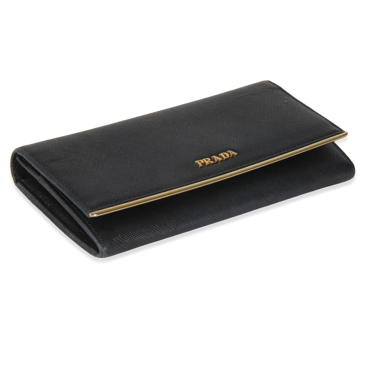 Black Saffiano Gold Plate Logo Flap Wallet