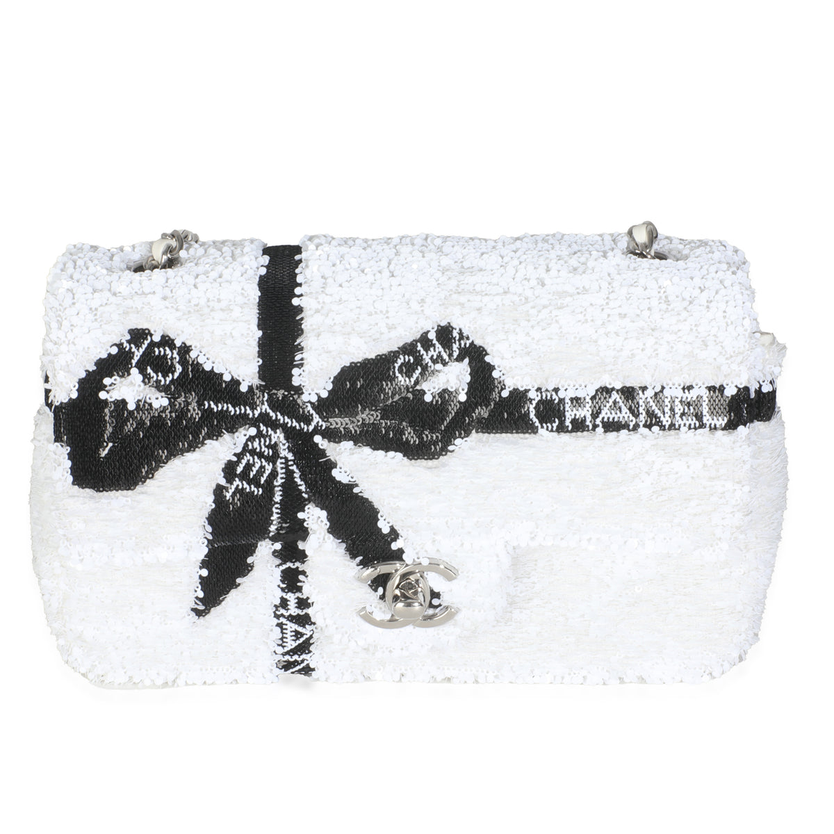 White Black Sequin Bow Mini Rectangular Flap Bag