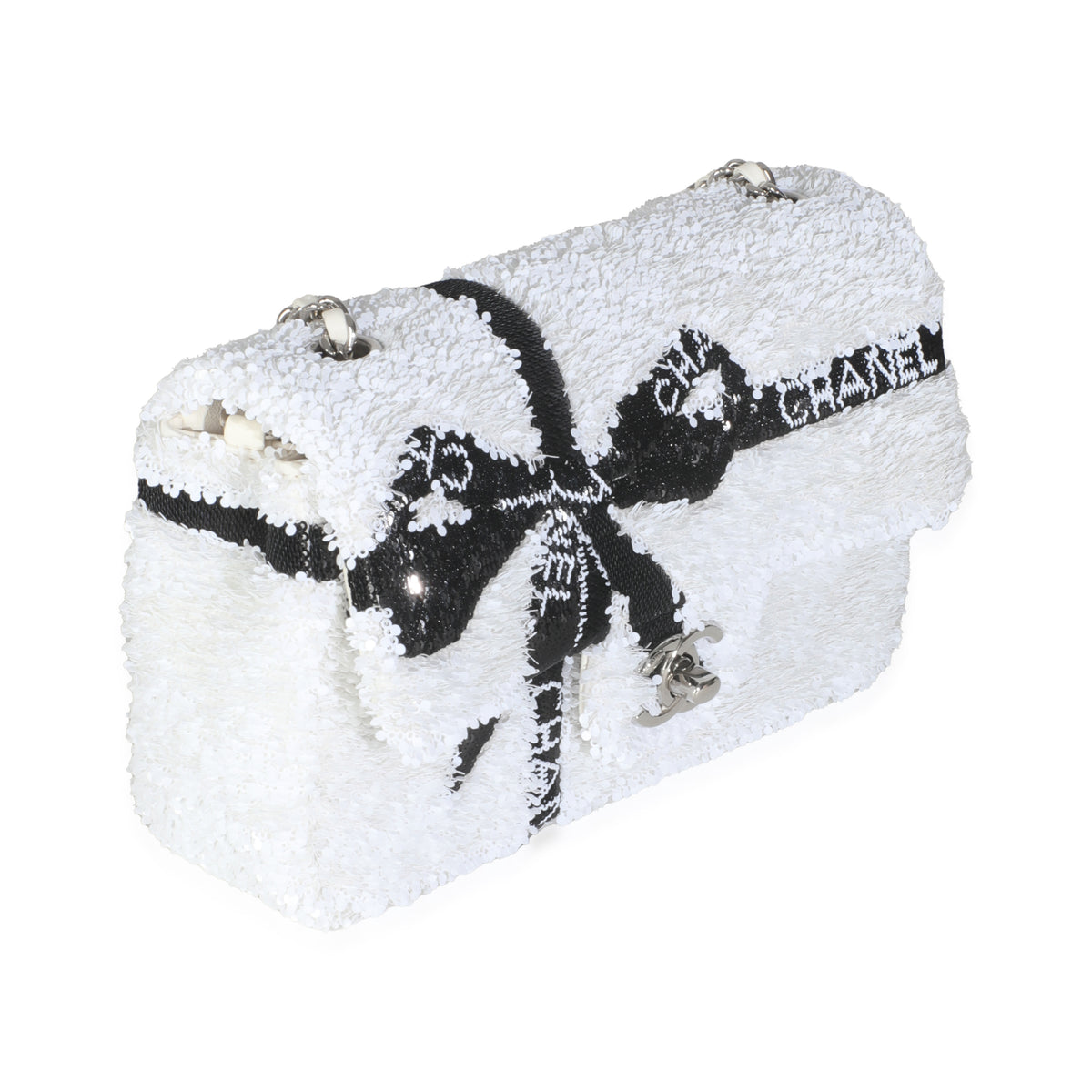 White Black Sequin Bow Mini Rectangular Flap Bag