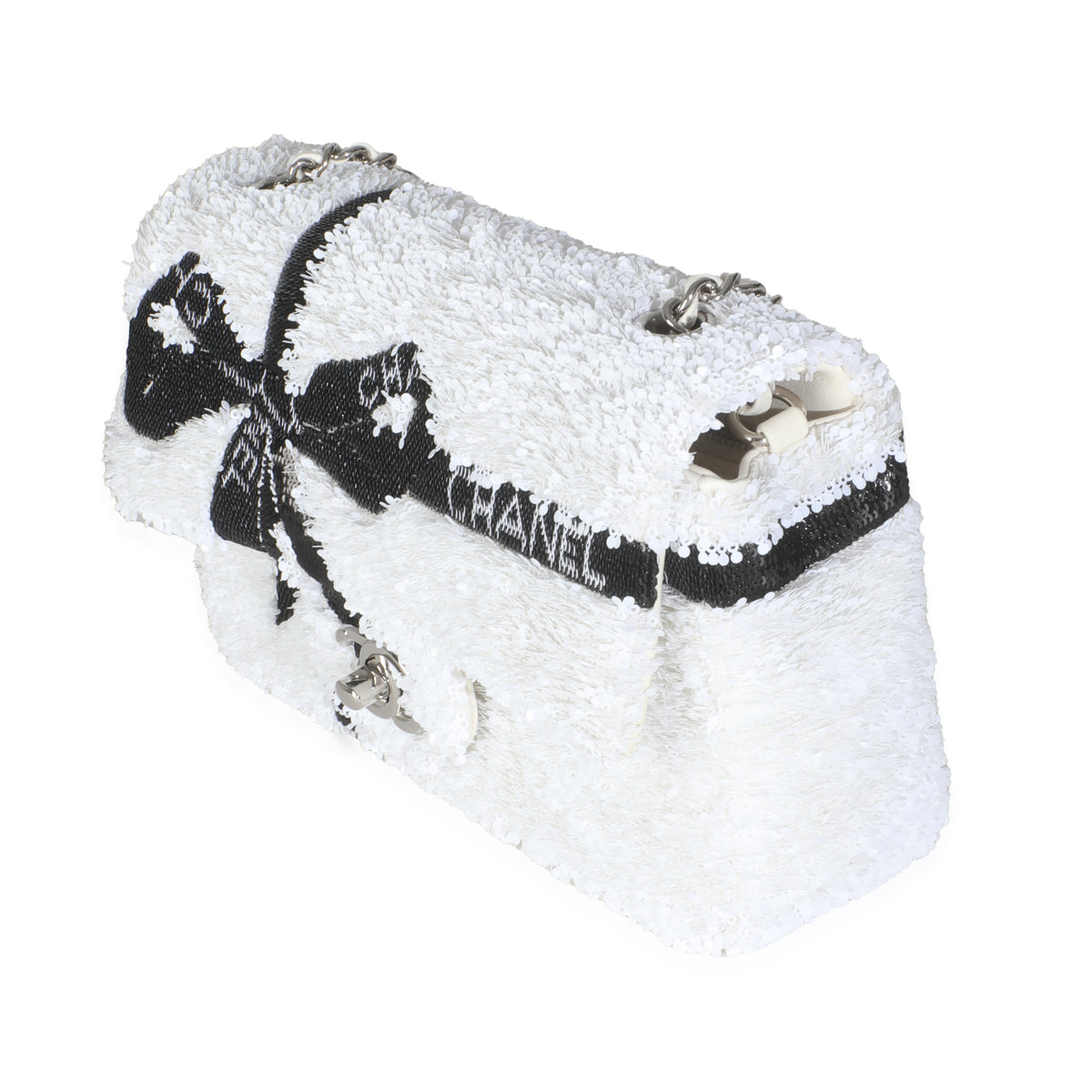 White Black Sequin Bow Mini Rectangular Flap Bag