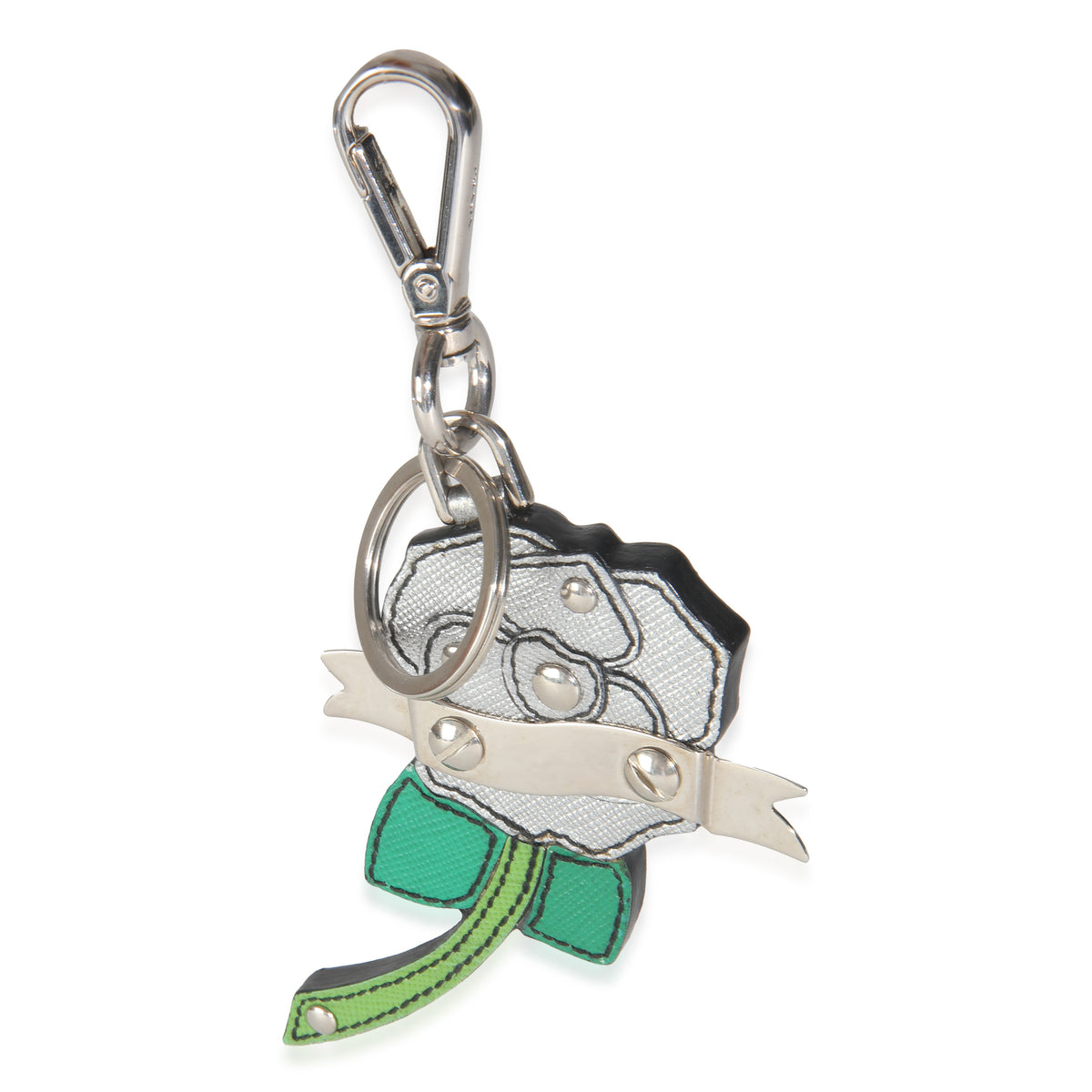 Silver Green Saffiano Flower Key Chain Bag Charm