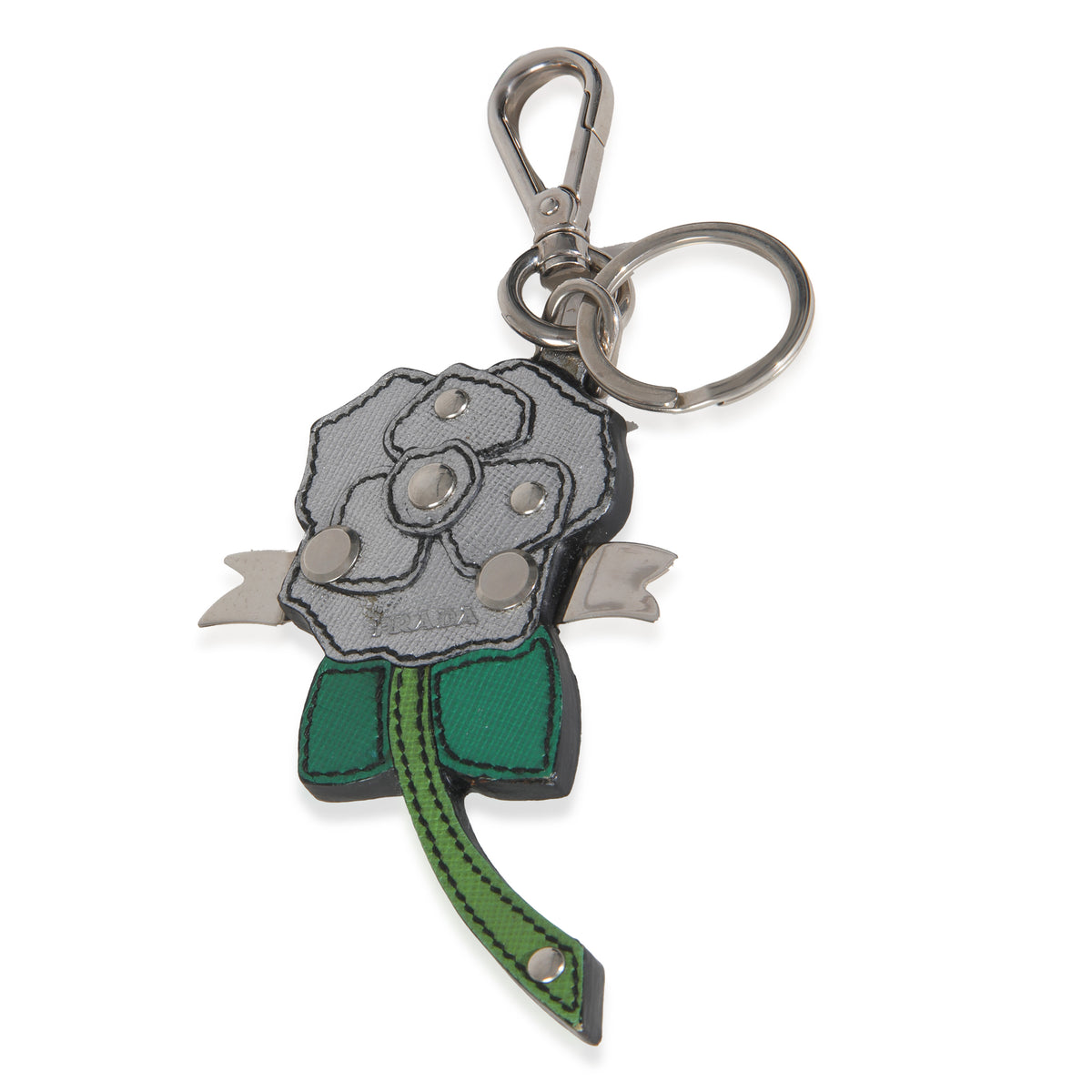 Silver Green Saffiano Flower Key Chain Bag Charm